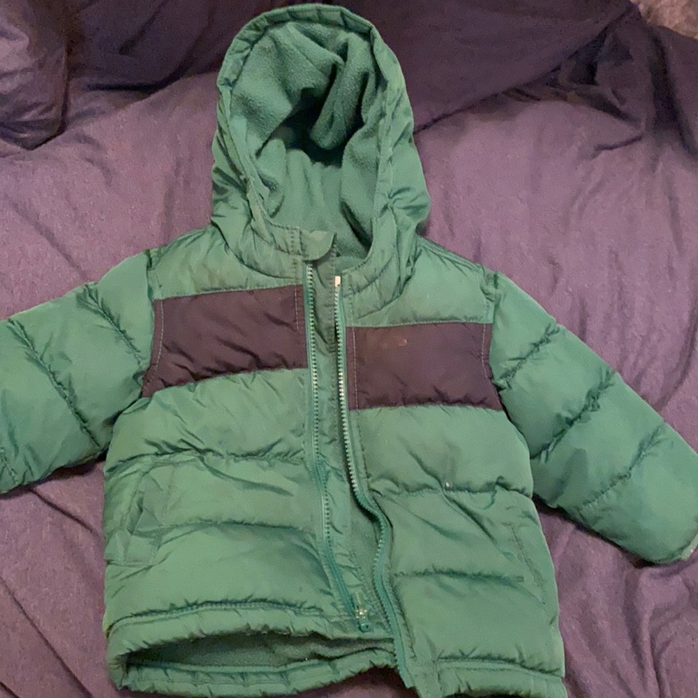 Green with navy striped puffer coat